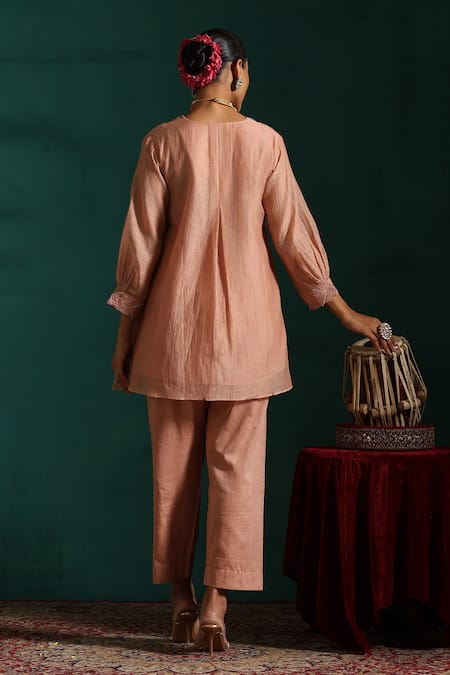 Beige Pink Embroidered Tunic & Pant Set 