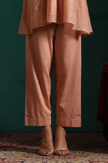 Beige_Pink Chanderi, Cotton Satin Sequins, Embroidery V-neck Tunic And Pant Set _Online_at_Aza_Fashions