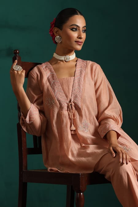 Buy_Beige_Pink Chanderi, Cotton Satin Sequins, Embroidery V-neck Tunic And Pant Set _Online_at_Aza_Fashions