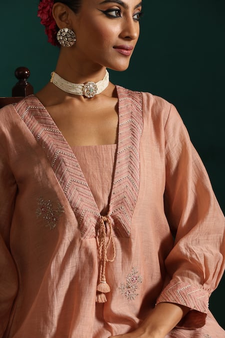 Shop_Beige_Pink Chanderi, Cotton Satin Sequins, Embroidery V-neck Tunic And Pant Set _Online_at_Aza_Fashions
