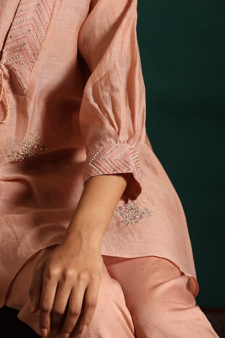 Beige_Pink Chanderi, Cotton Satin Sequins, Embroidery V-neck Tunic And Pant Set _at_Aza_Fashions