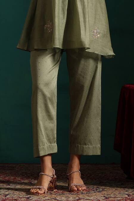 Beige_Green Chanderi, Cotton Satin Sequins, Embroidery V-neck Floral Tunic And Pant Set_Online_at_Aza_Fashions