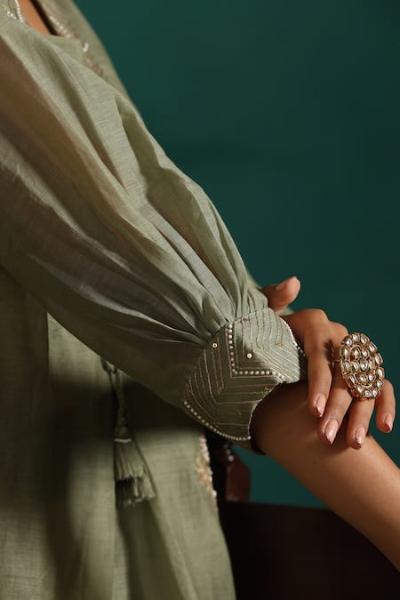 Shop_Beige_Green Chanderi, Cotton Satin Sequins, Embroidery V-neck Floral Tunic And Pant Set_Online_at_Aza_Fashions