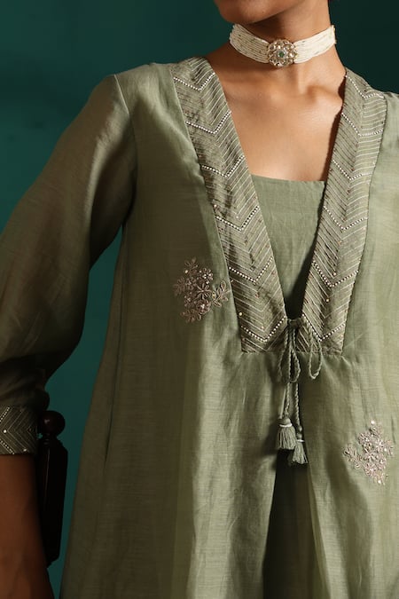 Beige_Green Chanderi, Cotton Satin Sequins, Embroidery V-neck Floral Tunic And Pant Set_at_Aza_Fashions