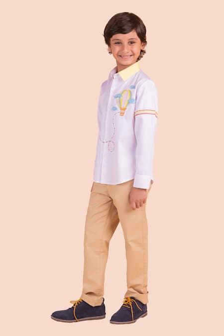 Partykles_White Cotton Embroidery Hot Air Balloon Shirt _Online_at_Aza_Fashions