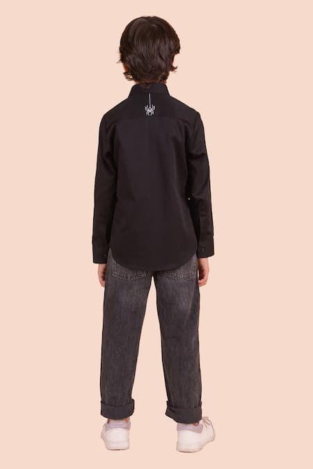 Shop Partykles Black Cotton Embroidery, Patchwork Spider Man Shirt at Aza Fashions Shop_Partykles_Black Cotton Embroidery, Patchwork Spider Man Shirt _at_Aza_Fashions