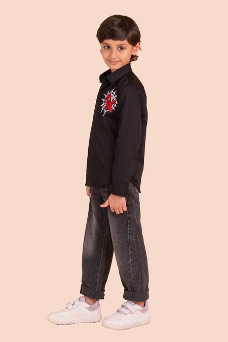 Partykles Black Cotton Embroidery, Patchwork Spider Man Shirt Online at Aza Fashions Partykles_Black Cotton Embroidery, Patchwork Spider Man Shirt _Online_at_Aza_Fashions
