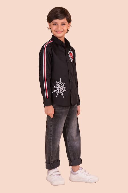 Buy Partykles Black Cotton Embroidery, Patchwork Spider Man Shirt Online at Aza Fashions Buy_Partykles_Black Cotton Embroidery, Patchwork Spider Man Shirt _Online_at_Aza_Fashions