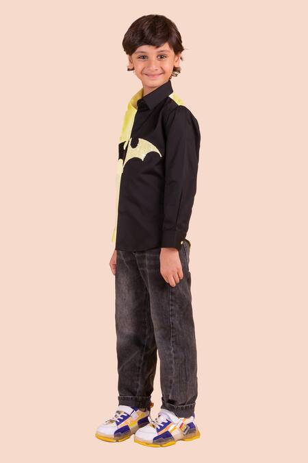 Buy_Partykles_Black Cotton Sequins Batman Motif Embroidered Shirt _Online_at_Aza_Fashions