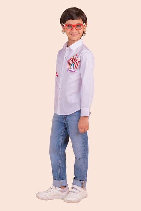 Partykles_White Cotton Embroidery Carnival Motif Shirt _Online_at_Aza_Fashions