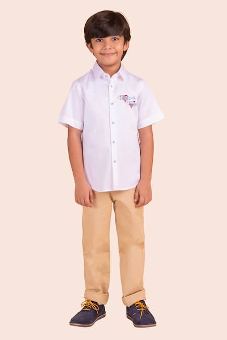 Partykles White Cotton Embroidery Fish Motif Shirt