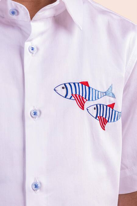 Shop_Partykles_White Cotton Embroidery Fish Motif Shirt _Online_at_Aza_Fashions