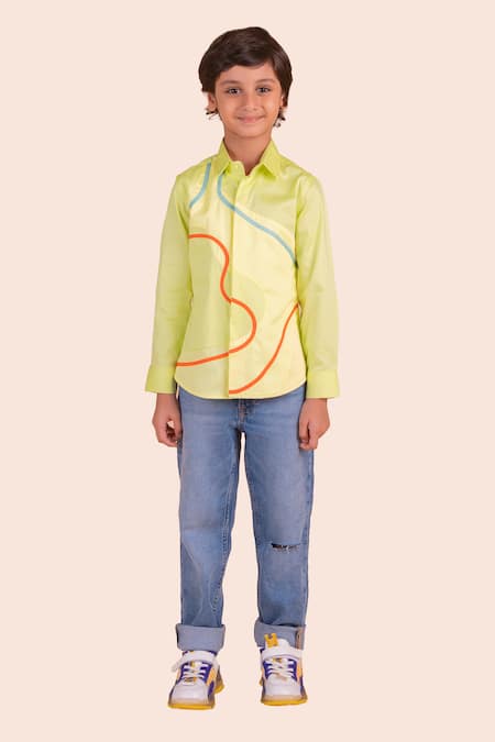 Partykles Green Cotton Patchwork Embroidered Wave Shirt 