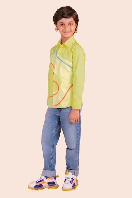 Shop Partykles Green Cotton Patchwork Embroidered Wave Shirt at Aza Fashions Shop_Partykles_Green Cotton Patchwork Embroidered Wave Shirt _at_Aza_Fashions