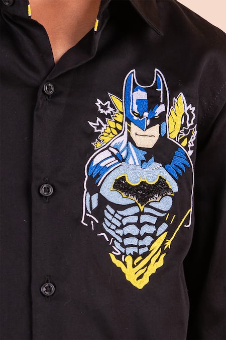 Buy_Partykles_Black Silk Embroidery Batman Motif Shirt _Online_at_Aza_Fashions