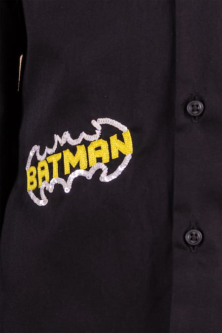 Shop_Partykles_Black Silk Embroidery Batman Motif Shirt _Online_at_Aza_Fashions