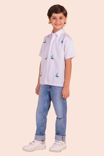Buy_Partykles_White Cotton Embroidery Ship Motif Shirt _Online_at_Aza_Fashions