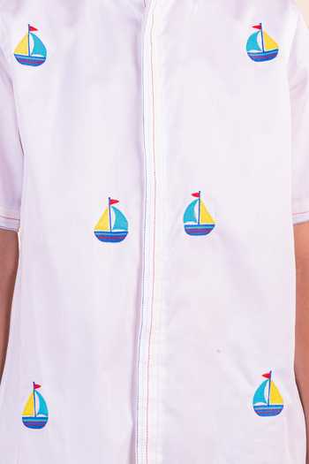 Shop_Partykles_White Cotton Embroidery Ship Motif Shirt _Online_at_Aza_Fashions