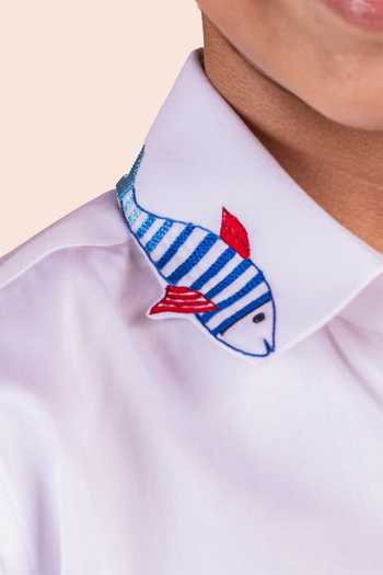 Shop Partykles White Cotton Embroidery Fish Motif Shirt Online at Aza Fashions Shop_Partykles_White Cotton Embroidery Fish Motif Shirt _Online_at_Aza_Fashions