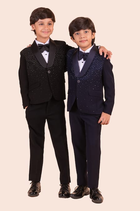 Partykles_Blue Brocade, Silk Beads, Stones Embroidered Tuxedo Set _Online_at_Aza_Fashions