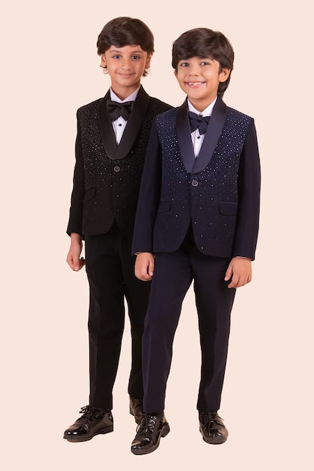 Buy_Partykles_Blue Brocade, Silk Beads, Stones Embroidered Tuxedo Set _Online_at_Aza_Fashions