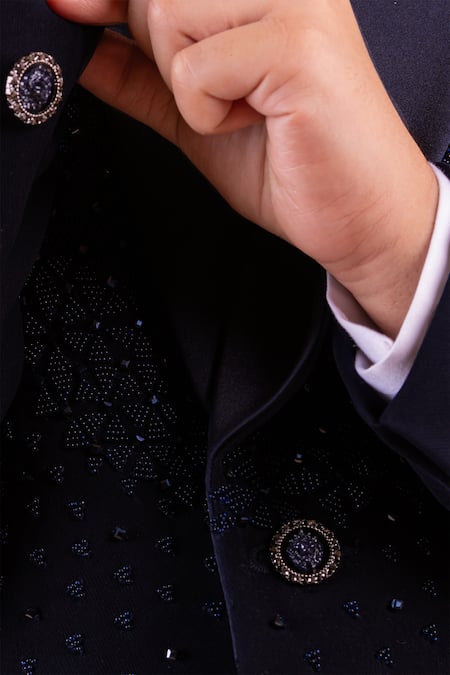 Shop_Partykles_Blue Brocade, Silk Beads, Stones Embroidered Tuxedo Set _Online_at_Aza_Fashions