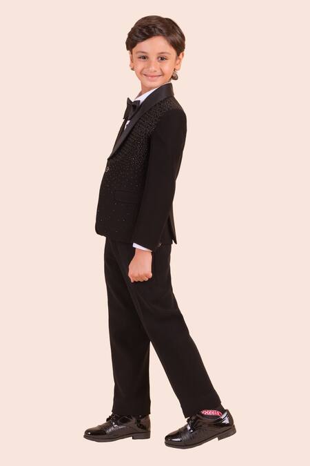 Partykles_Black Brocade, Cotton, Polyester Beads, Stones Embroidered Tuxedo Set _Online_at_Aza_Fashions