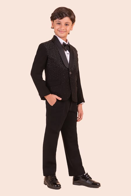Buy_Partykles_Black Brocade, Cotton, Polyester Beads, Stones Embroidered Tuxedo Set _Online_at_Aza_Fashions