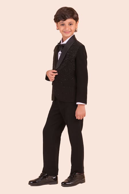 Shop_Partykles_Black Brocade, Cotton, Polyester Beads, Stones Embroidered Tuxedo Set _Online_at_Aza_Fashions