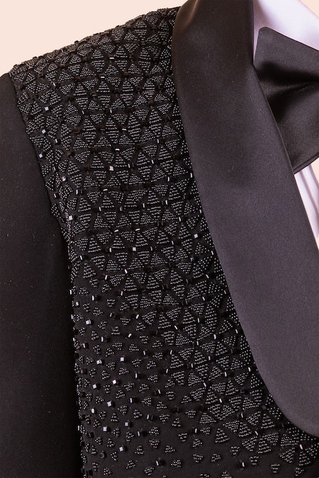 Partykles_Black Brocade, Cotton, Polyester Beads, Stones Embroidered Tuxedo Set _at_Aza_Fashions