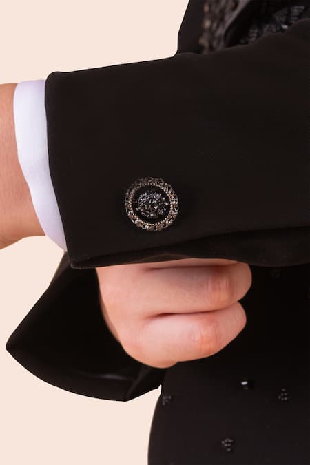 Buy_Partykles_Black Brocade, Cotton, Polyester Beads, Stones Embroidered Tuxedo Set 