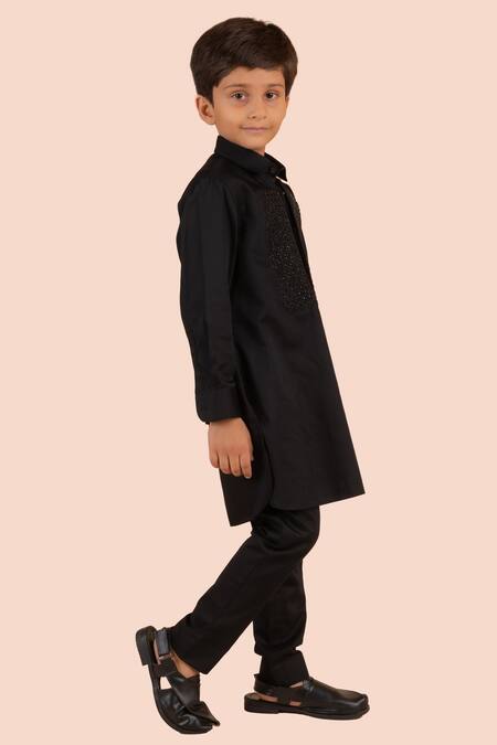 Shop_Partykles_Black Cotton Satin Beads, Stones Embroidered Kurta Set _Online_at_Aza_Fashions