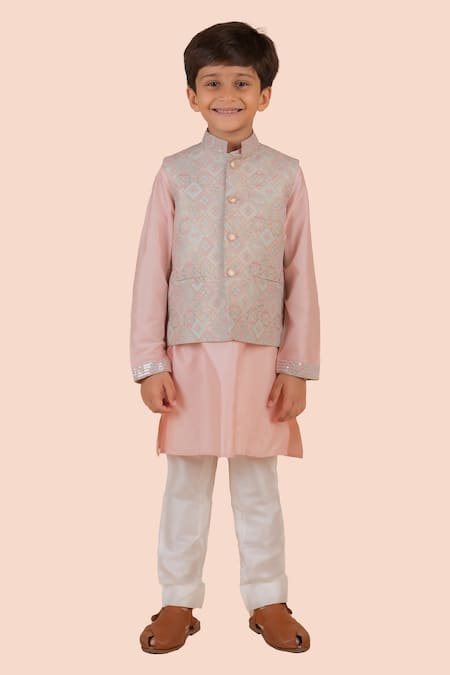 Partykles Pink Silk, Brocade, Cotton Sequins Geometric Print Bundi Kurta Set