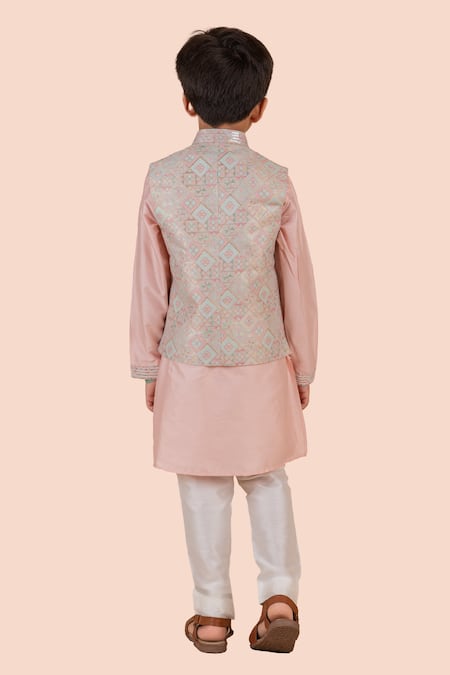 Shop Partykles Pink Silk, Brocade, Cotton Sequins Geometric Print Bundi Kurta Set at Aza Fashions Shop_Partykles_Pink Silk, Brocade, Cotton Sequins Geometric Print Bundi Kurta Set _at_Aza_Fashions