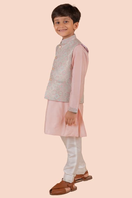 Buy Partykles Pink Silk, Brocade, Cotton Sequins Geometric Print Bundi Kurta Set Online at Aza Fashions Buy_Partykles_Pink Silk, Brocade, Cotton Sequins Geometric Print Bundi Kurta Set _Online_at_Aza_Fashions