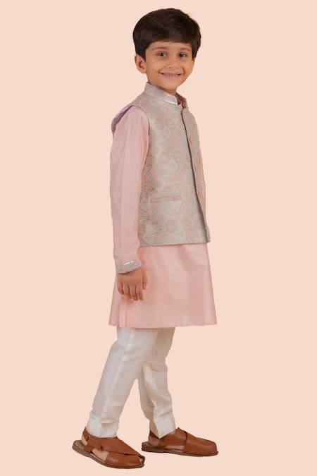 Shop Partykles Pink Silk, Brocade, Cotton Sequins Geometric Print Bundi Kurta Set Online at Aza Fashions Shop_Partykles_Pink Silk, Brocade, Cotton Sequins Geometric Print Bundi Kurta Set _Online_at_Aza_Fashions