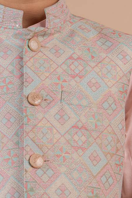 Buy Partykles Pink Silk, Brocade, Cotton Sequins Geometric Print Bundi Kurta Set Buy_Partykles_Pink Silk, Brocade, Cotton Sequins Geometric Print Bundi Kurta Set