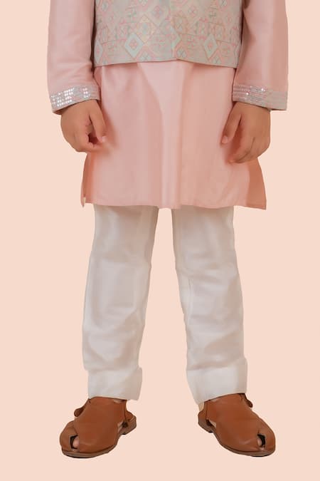 Shop Partykles Pink Silk, Brocade, Cotton Sequins Geometric Print Bundi Kurta Set Shop_Partykles_Pink Silk, Brocade, Cotton Sequins Geometric Print Bundi Kurta Set