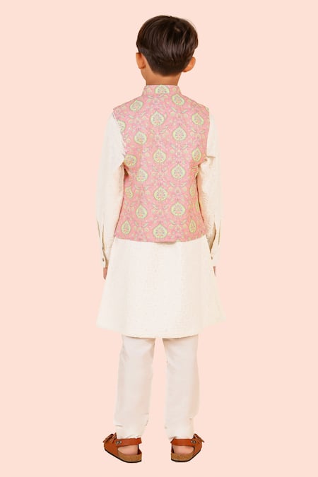 Shop Partykles Pink Chiffon, Chanderi , Sequins, Floral Printed Bundi Kurta Set at Aza Fashions Shop_Partykles_Pink Chiffon, Chanderi , Sequins, Floral Printed Bundi Kurta Set _at_Aza_Fashions