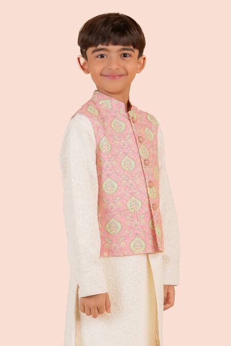 Buy Partykles Pink Chiffon, Chanderi , Sequins, Floral Printed Bundi Kurta Set Buy_Partykles_Pink Chiffon, Chanderi , Sequins, Floral Printed Bundi Kurta Set