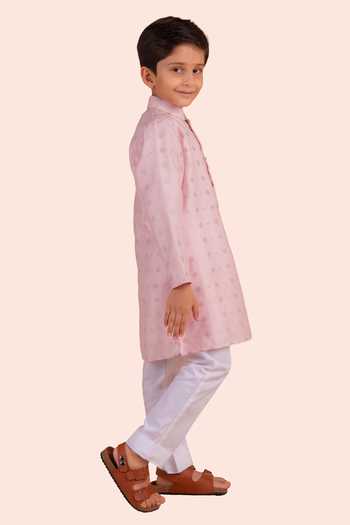Partykles Pink Woven Banarasi Silk Kurta Set 