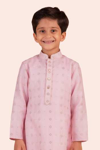 Partykles_Pink Silk, Cotton Pearls Woven Banarasi Kurta Set _Online_at_Aza_Fashions