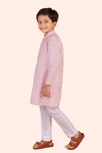 Buy_Partykles_Pink Silk, Cotton Pearls Woven Banarasi Kurta Set _Online_at_Aza_Fashions