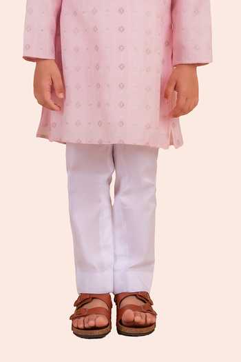 Shop_Partykles_Pink Silk, Cotton Pearls Woven Banarasi Kurta Set _Online_at_Aza_Fashions