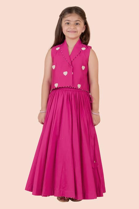 Partykles_Pink Cotton, Silk Beads Embroidered Heart Motif Blazer And Lehenga Set _Online_at_Aza_Fashions