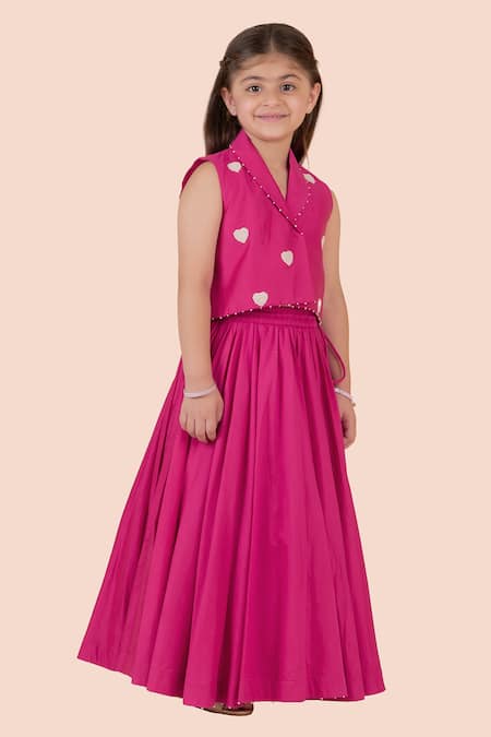 Shop_Partykles_Pink Cotton, Silk Beads Embroidered Heart Motif Blazer And Lehenga Set _Online_at_Aza_Fashions