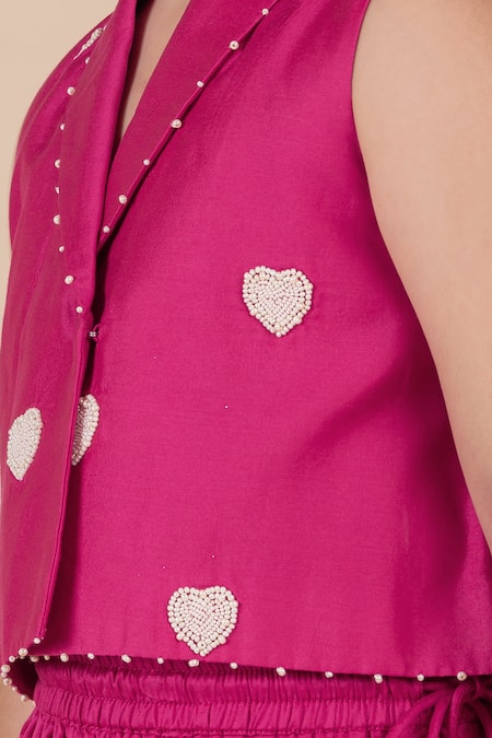 Buy_Partykles_Pink Cotton, Silk Beads Embroidered Heart Motif Blazer And Lehenga Set 