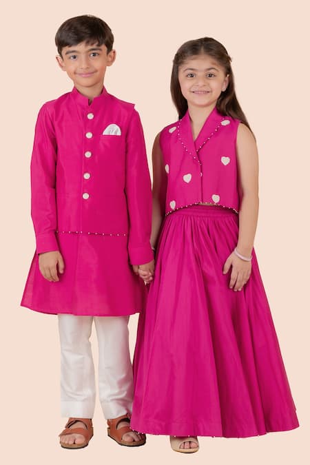 Shop_Partykles_Pink Cotton, Silk Beads Embroidered Heart Motif Blazer And Lehenga Set 