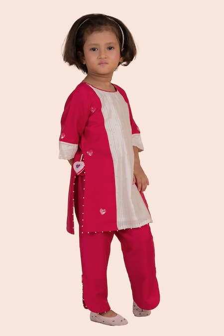Partykles_Pink Cotton, Silk Sequins, Embroidery Heart Motif Kurta Set _Online_at_Aza_Fashions