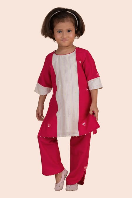 Buy_Partykles_Pink Cotton, Silk Sequins, Embroidery Heart Motif Kurta Set _Online_at_Aza_Fashions